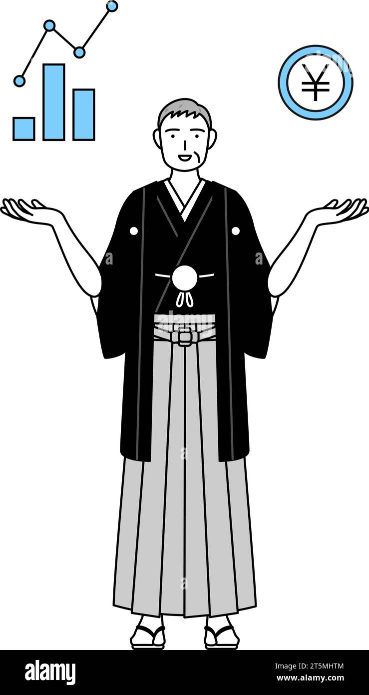 Neujahrstag und Hochzeiten, Senior man trägt Hakama mit Wappen, das ein Bild von DX, Leistungs- und Verkaufsverbesserungen, Vektorillustration Stock Vektor