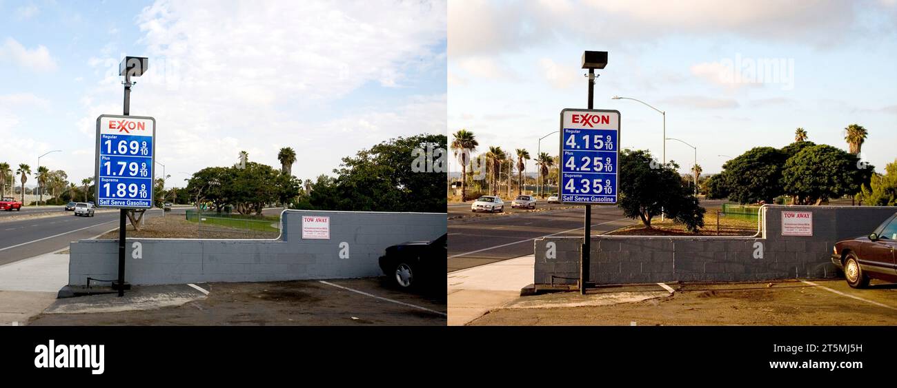 Diptychon, das die Änderung der Gaspreise von Mai 2008 bis Dezember 2008 in San Diego, KALIFORNIEN, darstellt. Stockfoto