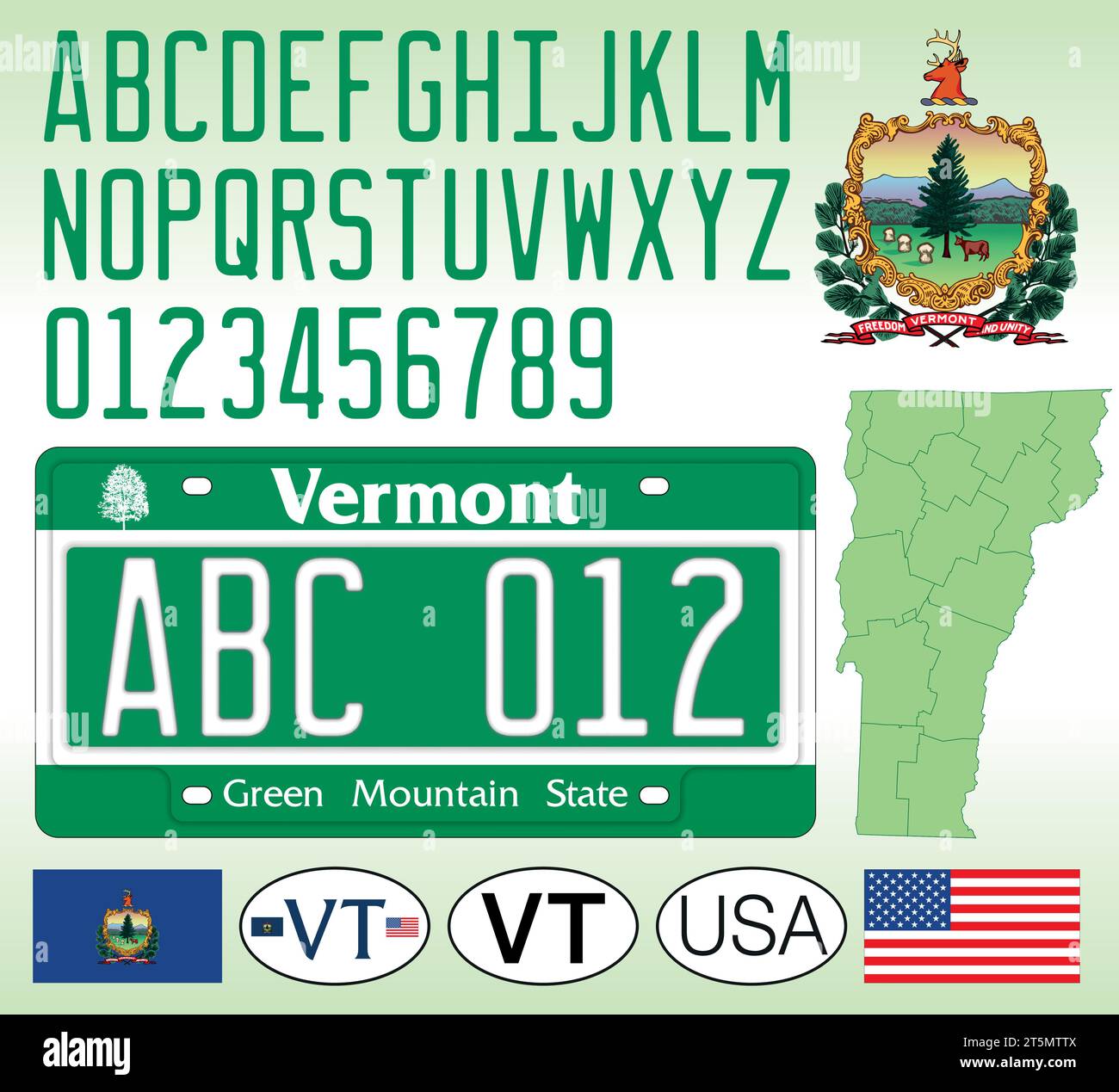 Vermont Autokennzeichen Muster, Buchstaben, Zahlen und Symbole, Vektorillustration, USA Stock Vektor
