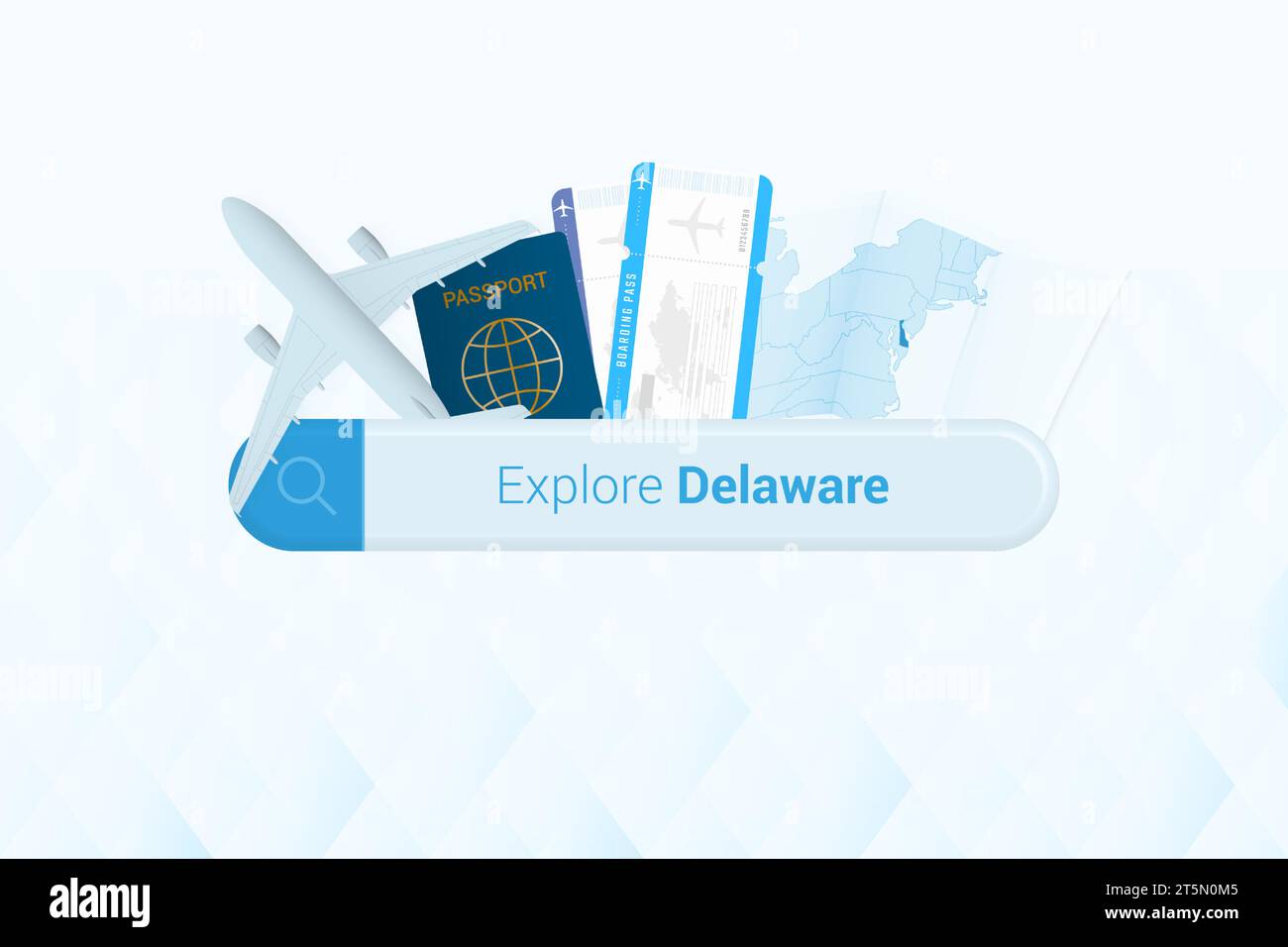 Suche nach Tickets nach Delaware oder Reiseziel in Delaware. Suchleiste mit Flugzeug, Reisepass, Bordkarte, Tickets und Karte. Vektorillustr Stock Vektor