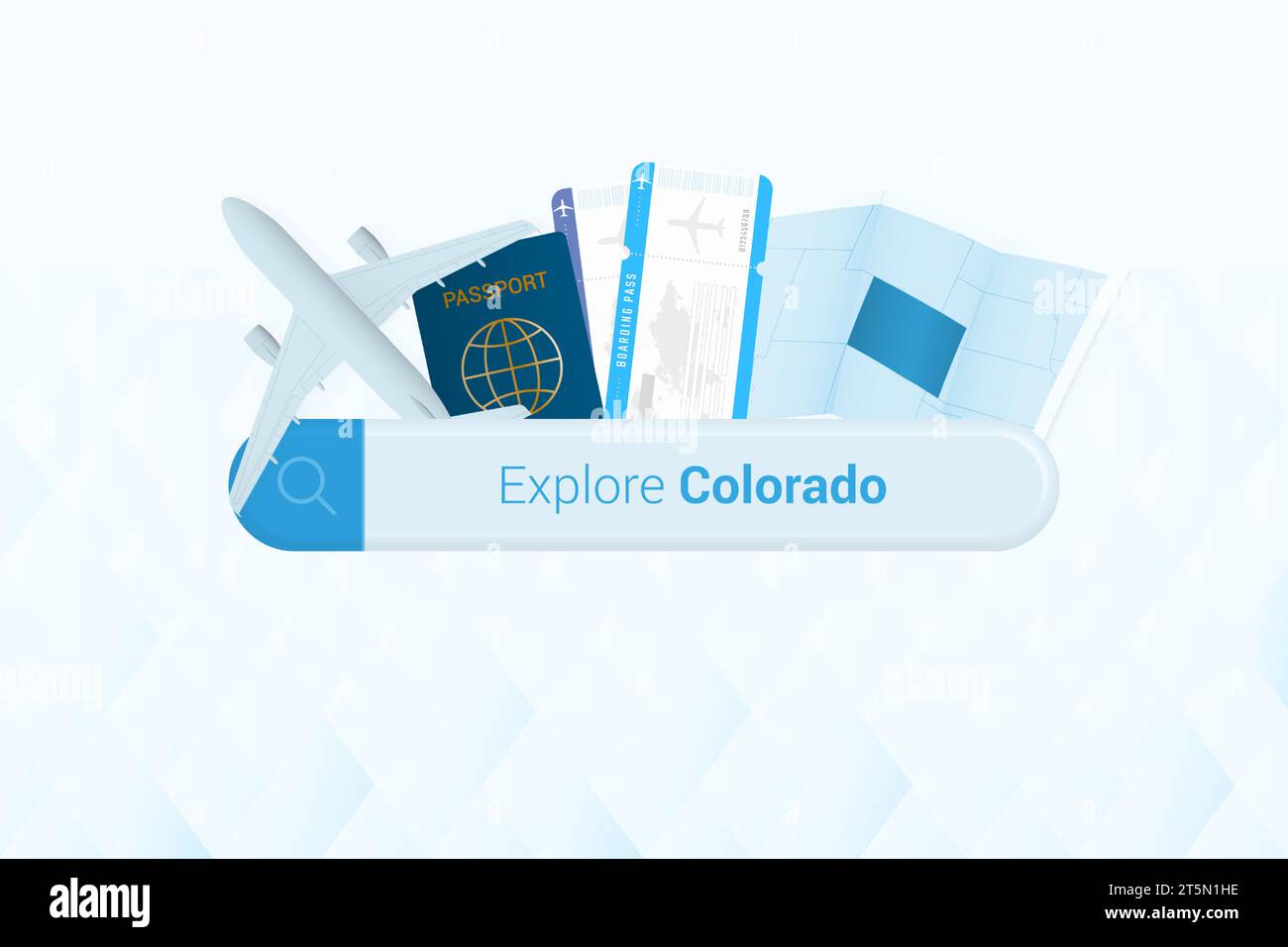 Suche nach Tickets für Colorado oder Reiseziel in Colorado. Suchleiste mit Flugzeug, Reisepass, Bordkarte, Tickets und Karte. Vektorillustr Stock Vektor