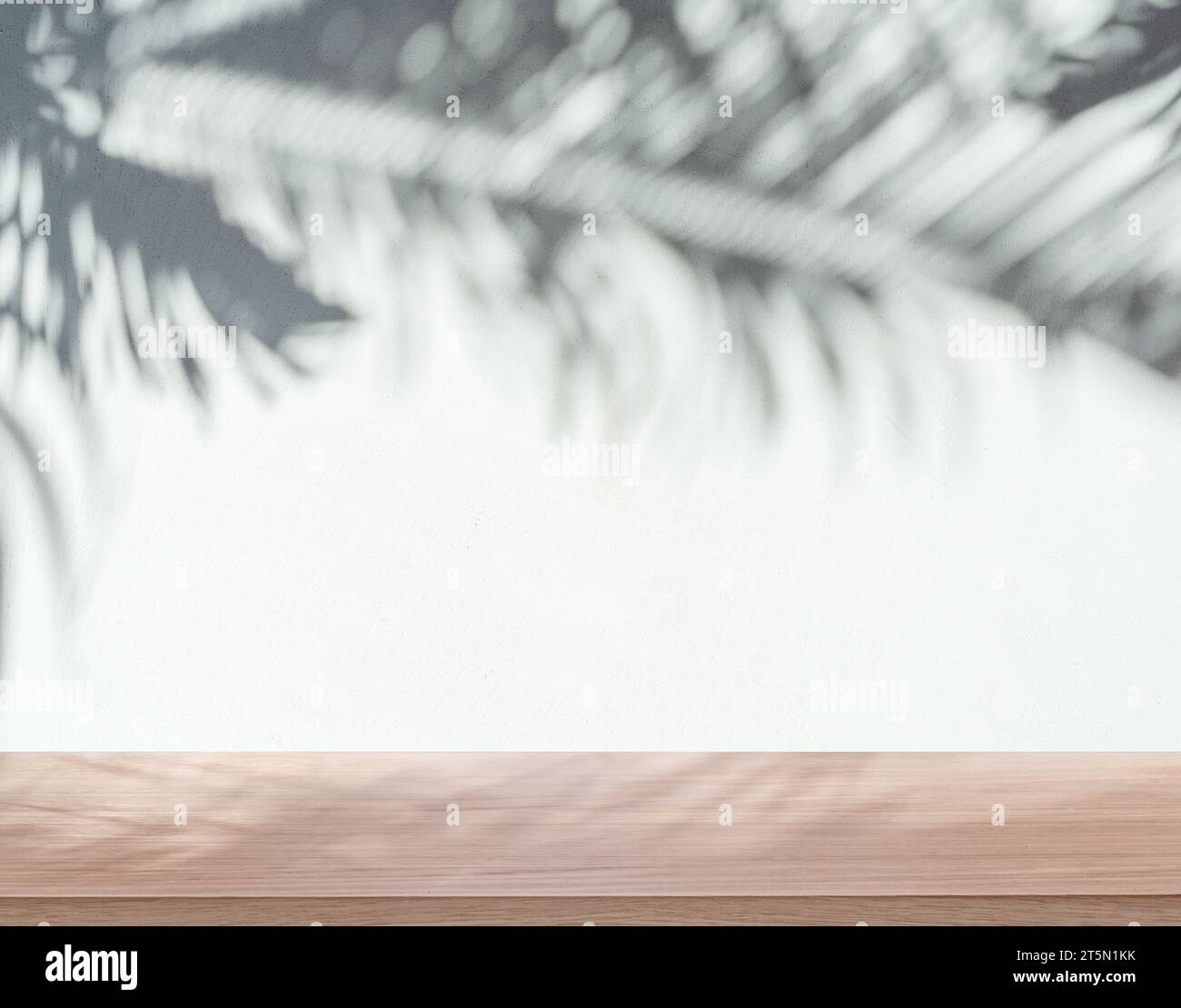 Verschwommener Schatten tropischer Palmenblätter auf grauer Wand und Tischplatte im Vordergrund. Sommerkonzept. Stockfoto