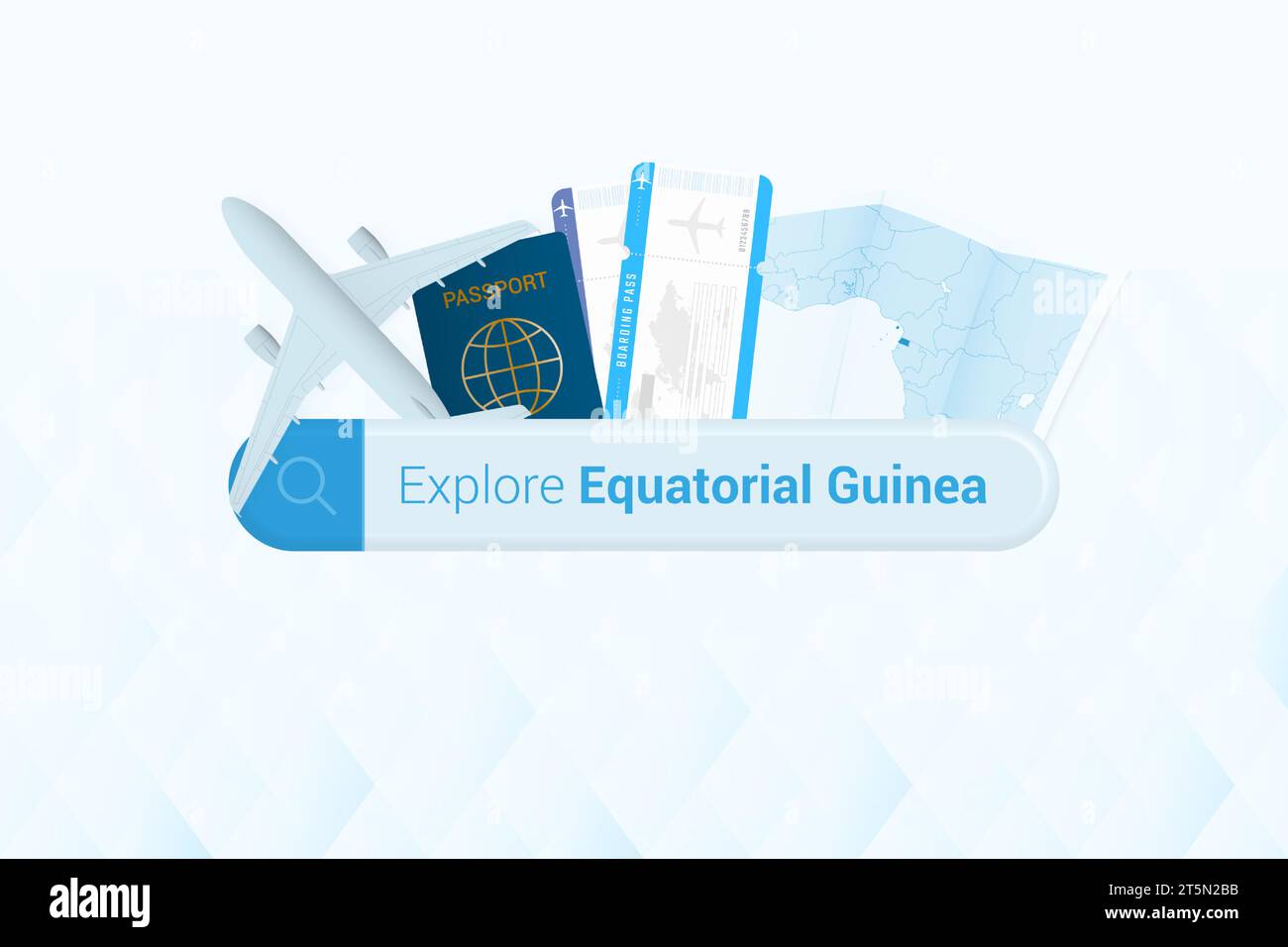 Suche nach Tickets für Äquatorialguinea oder Reiseziel Äquatorialguinea. Suchleiste mit Flugzeug, Reisepass, Bordkarte, Tickets und m Stock Vektor