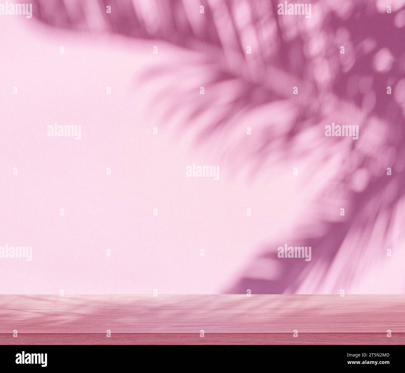 Verschwommener Schatten tropischer Palmenblätter auf rosa Wand und Tischplatte im Vordergrund. Sommerkonzept. Stockfoto