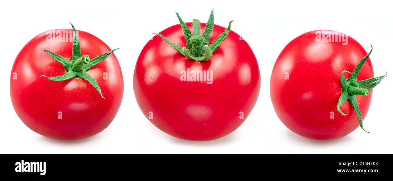 Satz roter Tomaten in verschiedenen Winkeln, isoliert auf weißem Hintergrund. Stockfoto