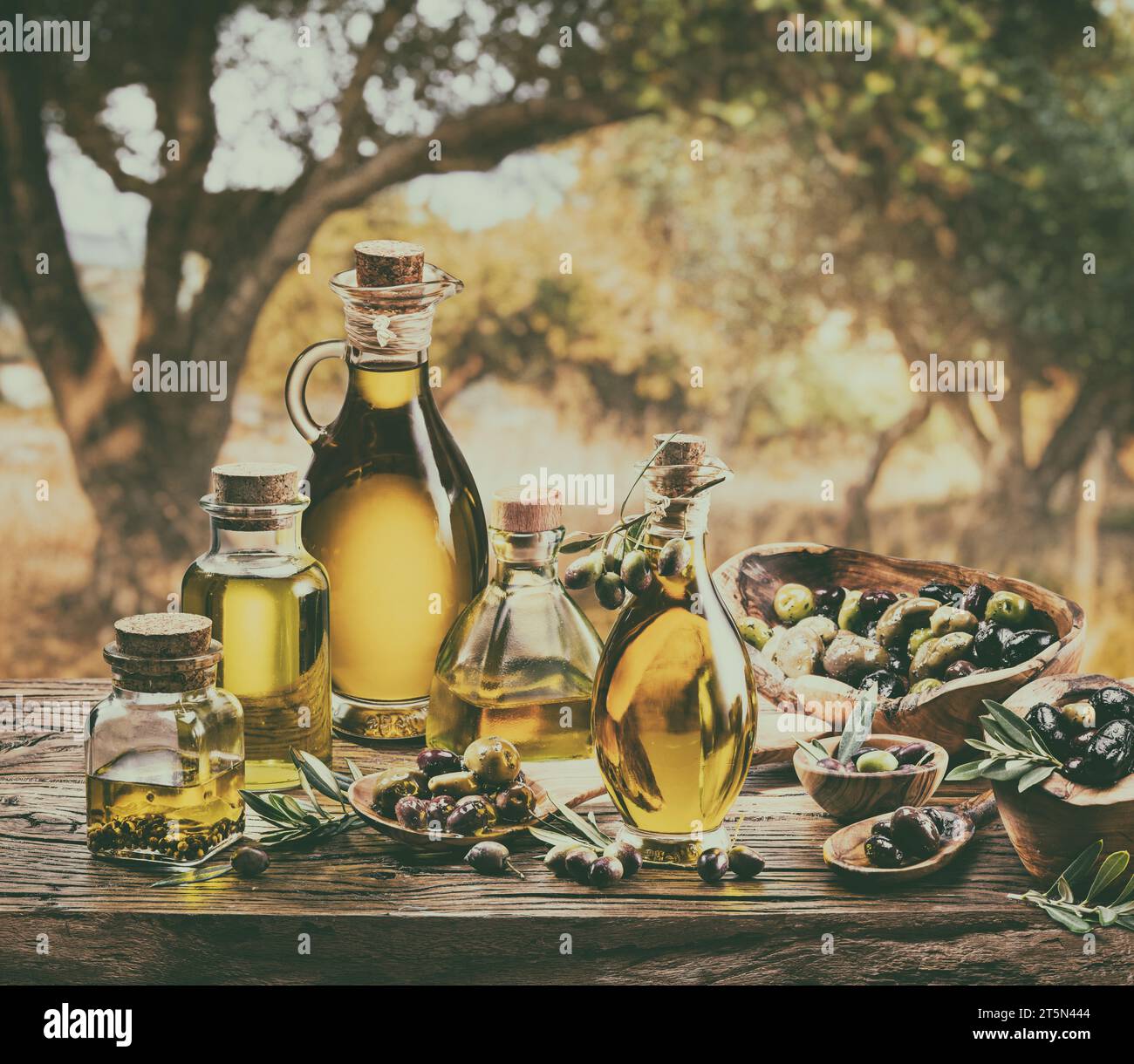 Eine Flasche handgefertigtes Olivenöl steht auf einem Holztisch, hinter einem Olivengarten an einem etwas Bokeh, sonnigen Tag. Bild im Vintage-Stil. Stockfoto