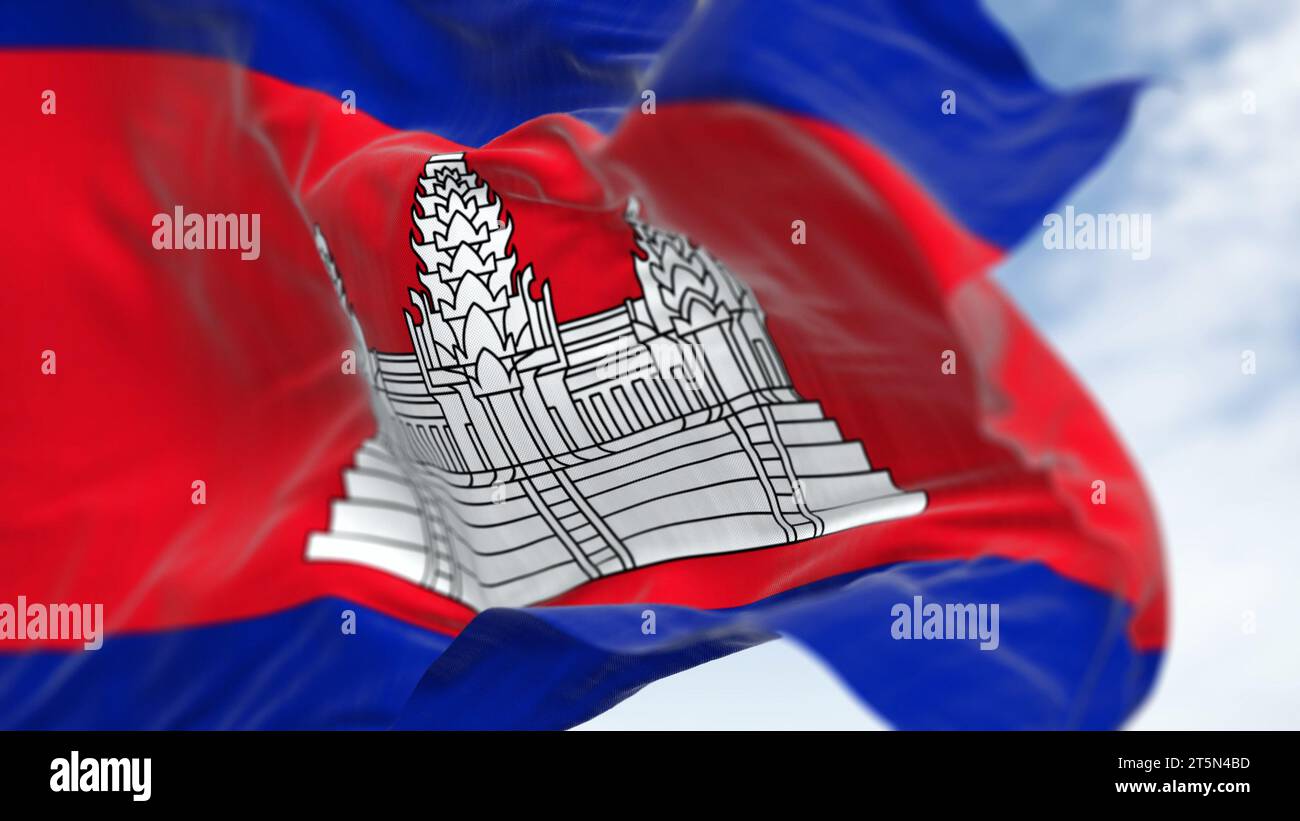 Nahaufnahme der wehenden kambodschanischen Nationalflagge. Drei Bänder, blau, doppelt rot, blau, mit Angkor Wat in weiß im roten Mittelpunkt. 3D-Illustrations-Rendering. Stockfoto