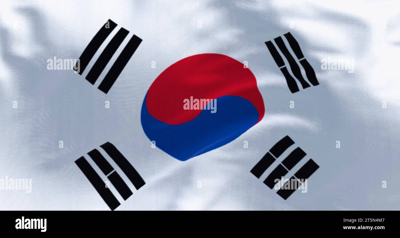Nahaufnahme der südkoreanischen Nationalflagge, die im Wind winkt. Weißes Feld, rot-blaues Taegeuk-Zentrum, vier schwarze Trigramme. 3D-Darstellung. Flutterin Stockfoto