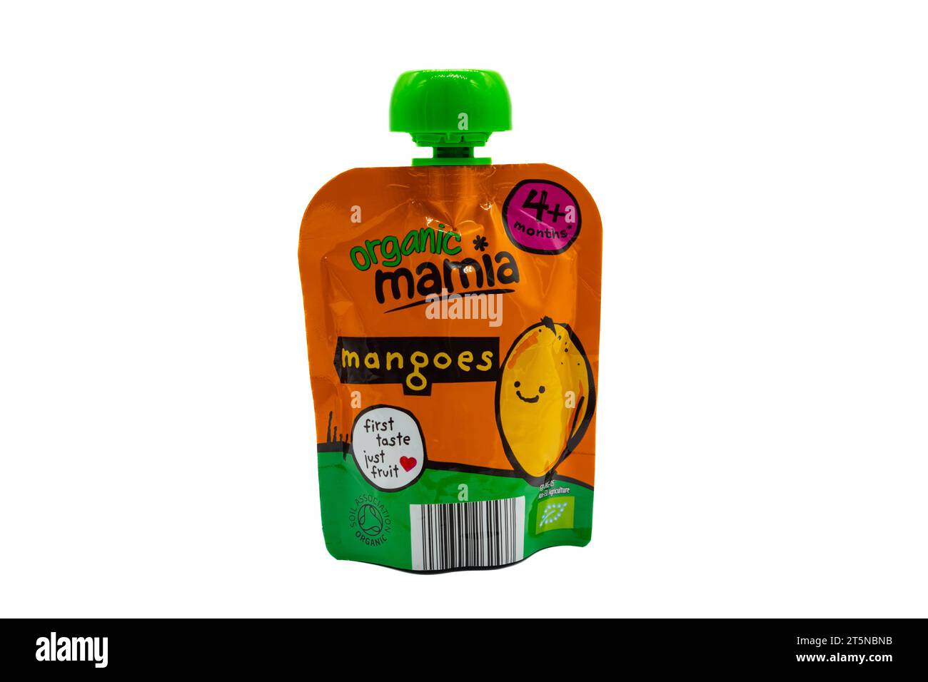 Irvine, Schottland, UK-21. Juli 2023: Mangopüree mit Bio-Mania-Logo von Aldi in recycelbarer Verpackung und auf der Oberseite mit grafischen Symbolen und Symbolen, die relevant sind Stockfoto