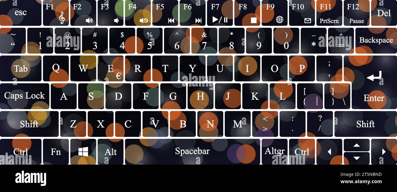 Vector Modern qwerty Keyboard Layout Schablonenschnitt. Bokeh beleuchtet Hintergrund. Stock Vektor