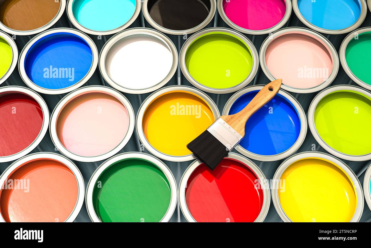 Gruppe von Dosen gefüllt mit farbiger Farbe mit Pinsel. 3D-Hintergrund rendern Stockfoto