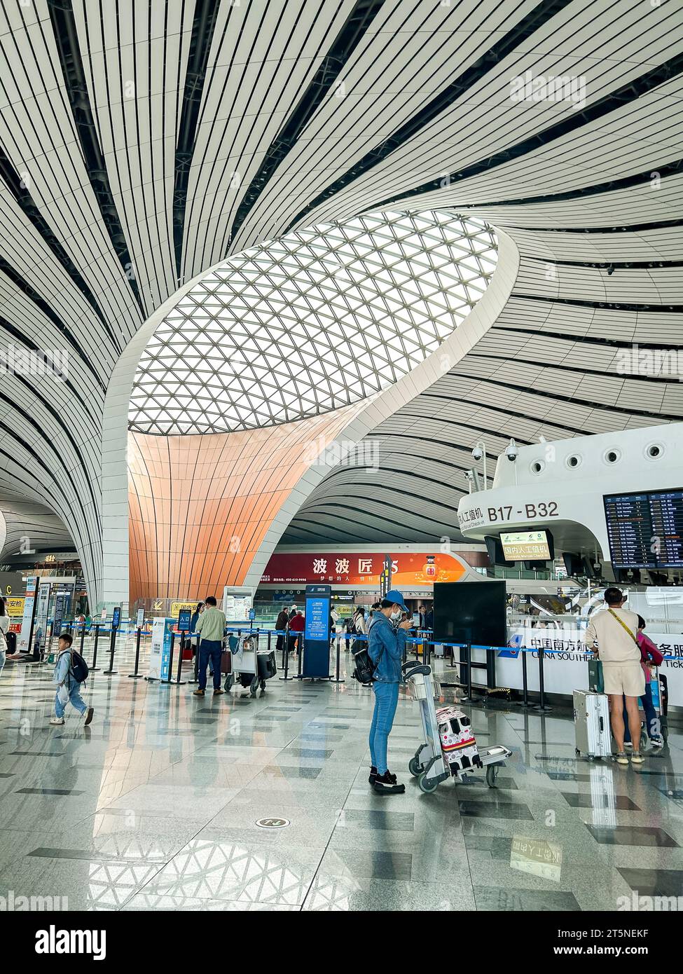 Peking, China, große Menschenmengen, reisen ins Innere, Blick auf den internationalen Flughafen Peking Daxing, Halle, Terminal, moderne Architektur (Architektenkredit: Zaha Hadid) Stockfoto