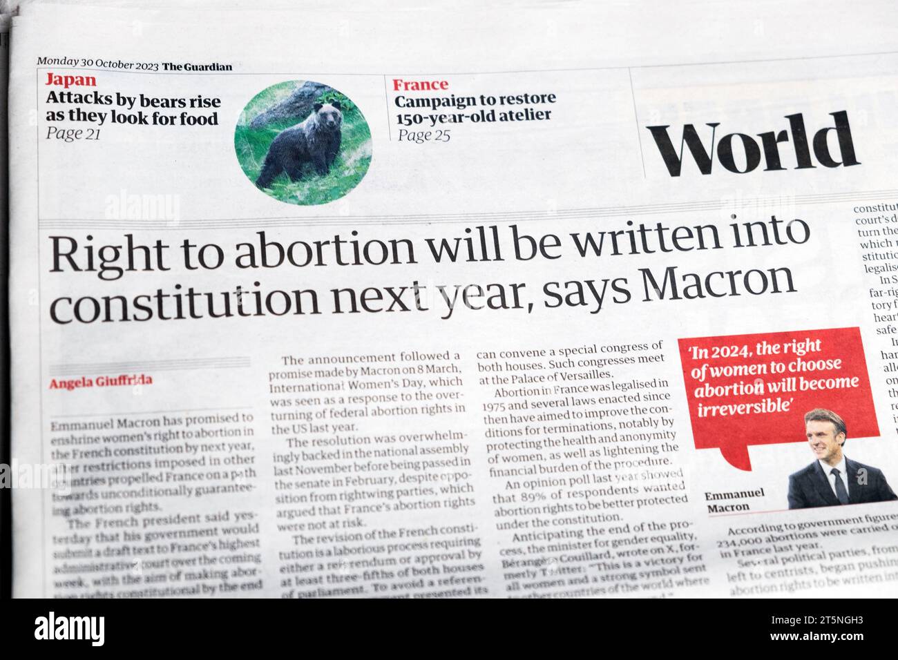 „Das Recht auf Abtreibung wird nächstes Jahr in die Verfassung geschrieben, sagt Macron' Guardian Zeitung Schlagzeile Französisch Frauengesundheit Frankreich artikel London UK Stockfoto