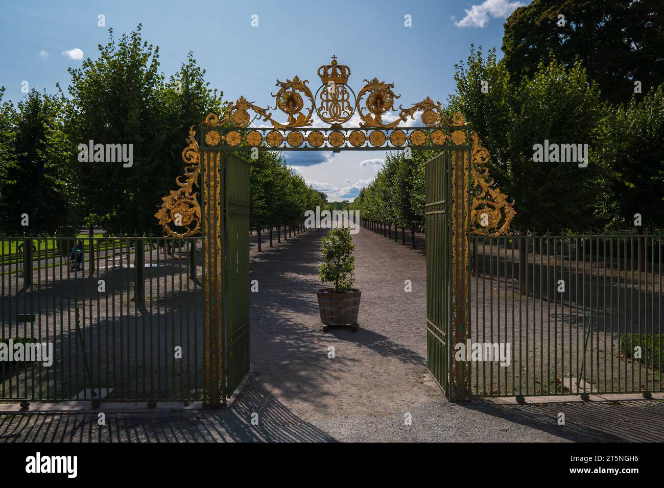 Verziertes goldenes Tor, das zu einem langen baumgesäumten Weg in den barocken Palastgärten des Drottningholm-Palastes in Stockholm, Schweden, während des Sommers führt Stockfoto