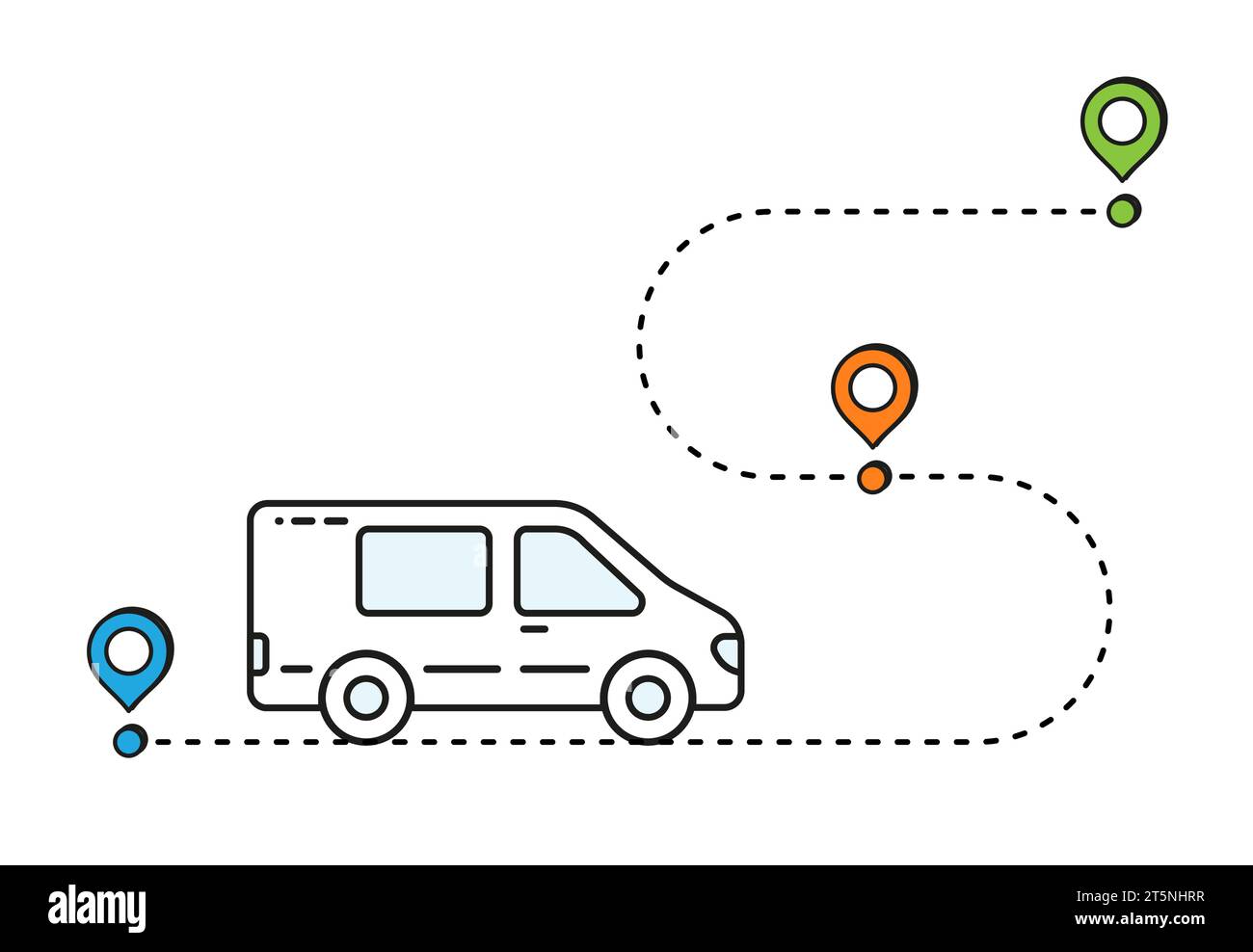 Lieferart. Bus- und Kartensymbol. Blau, grün, orange, weiß. Vektor. Straße. Grafik. Stock Vektor