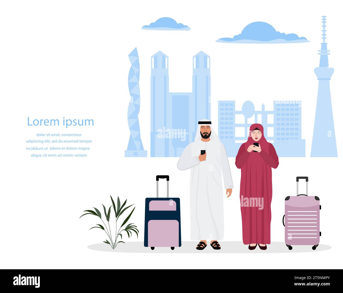 Vektor-Illustration muslimischer Mann, Frau mit Koffern benutzen Mobiltelefone. Touristen. Die Leute machen Fotos, Selfies. Japan Asien Sommerurlaub Reise Adventur Stock Vektor