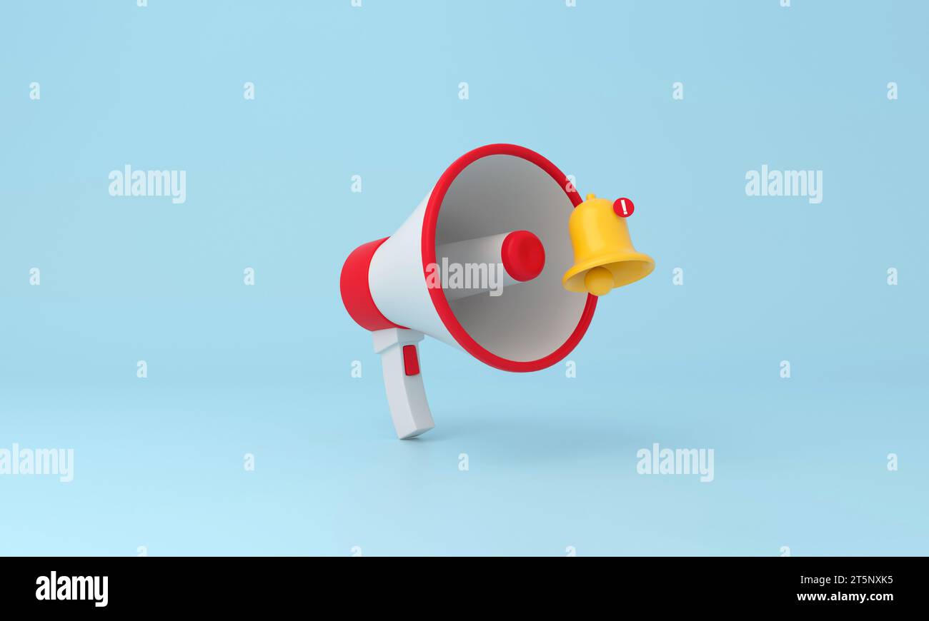 Megaphon- und Benachrichtigungsglocke auf blauem Hintergrund. 3D-Rendering. Stockfoto