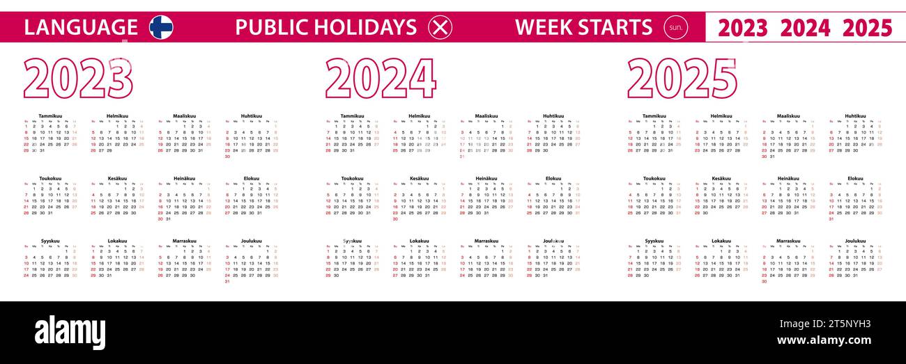 2023, 2024, 2025 Jahre Vektorkalender in finnischer Sprache, Woche beginnt am Sonntag. Vektorkalender. Stock Vektor