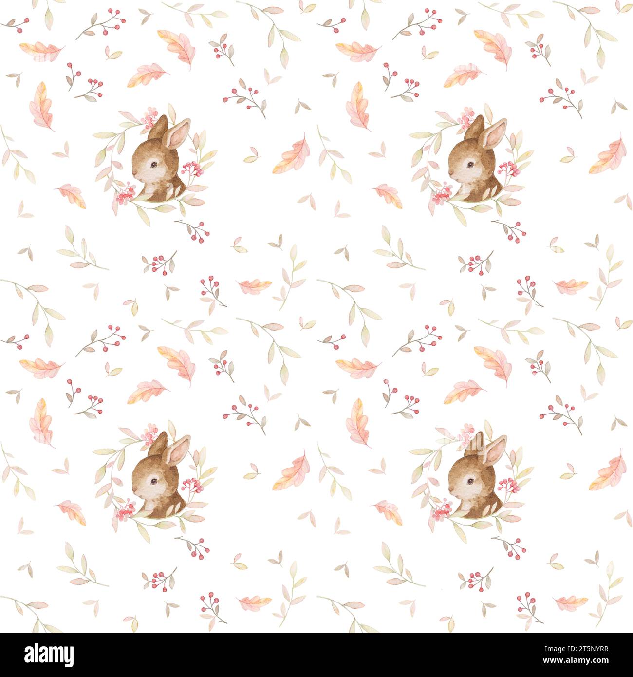 Kaninchen Nahtlose Muster, Little Rabbit Aquarell, Waldtiere Wallpaper, Boho Baby Aquarell, Herbstmuster, Weißer Hintergrund Stockfoto