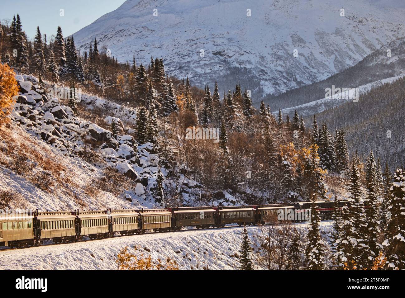 Skagway, eine kompakte Stadt im Südosten Alaskas, Blick auf den White Pass und die Yukon Route vom Zug oder von einigen Wrackteilen Stockfoto