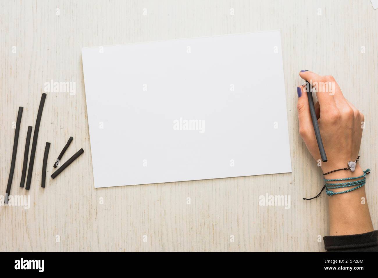 Frauenhand, die natürlichen Holzkohlestab mit weißem Papierhintergrund hält Stockfoto
