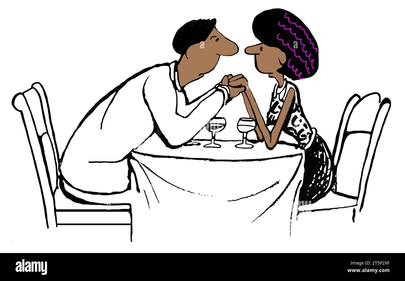 Das jüngere Afroamerikaner-Paar hält Hände, während er an einem Tisch sitzt und redet. Stockfoto