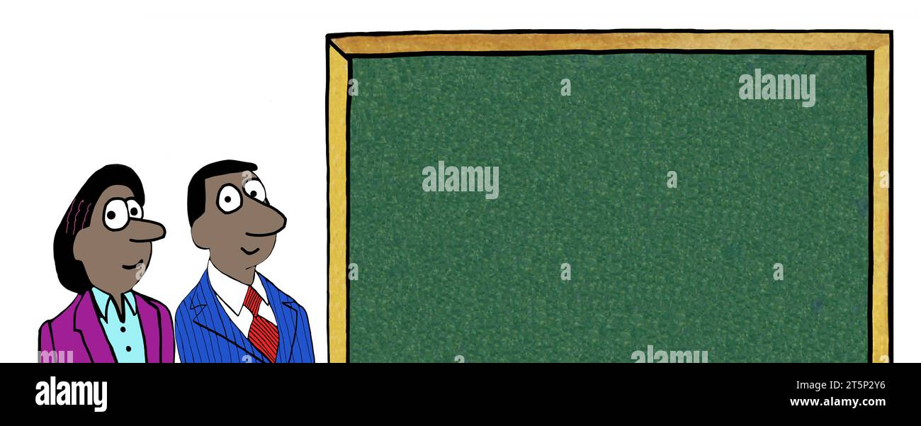 Männliche und weibliche afroamerikanische Profis stehen an der Schautafel und schauen auf die Zuschauer. Stockfoto
