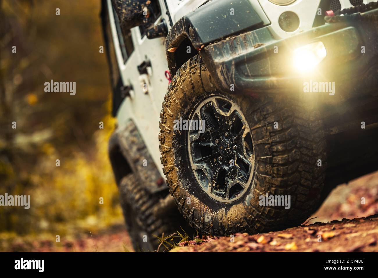 Four Wheel Drive Vehicle Off Road Tires Close Up. Muddy Woodland Road Drive. Stockfoto