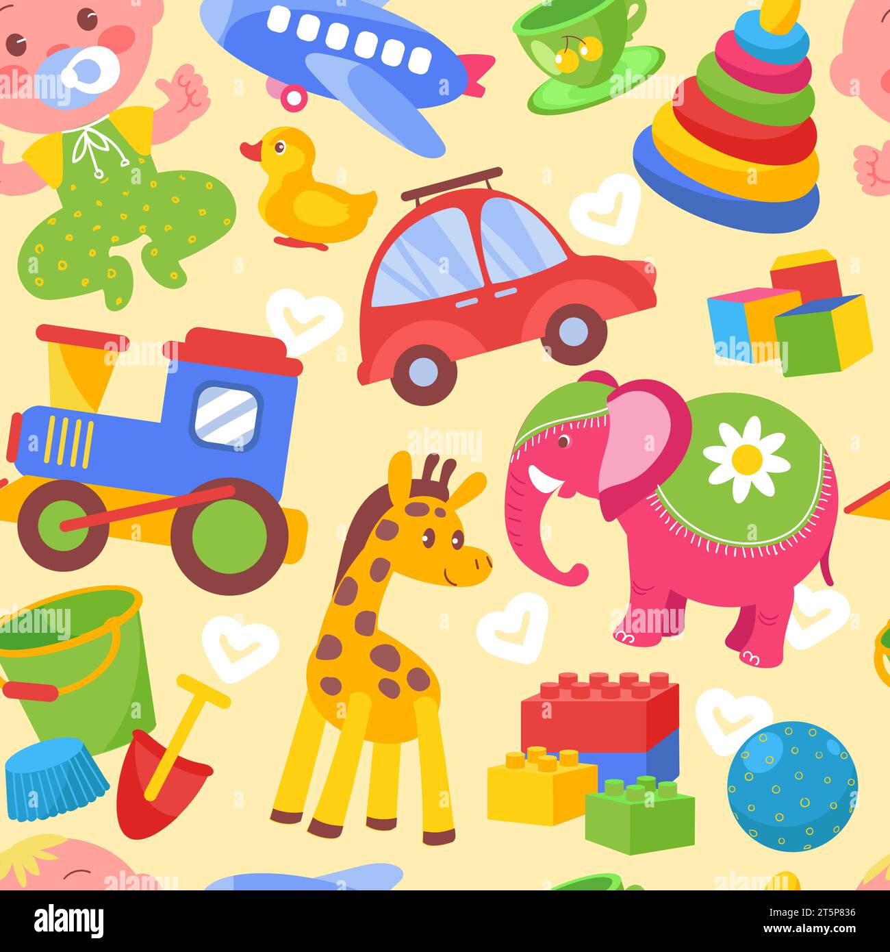 Nahtloses Muster für Kinderspielzeuge. Spielelemente für Babys. Bunte Puppen. Plüschtiere. Bälle und Autos. Zug und Flugzeug. Schaufel mit Schaufel. Kinderspiel Stock Vektor