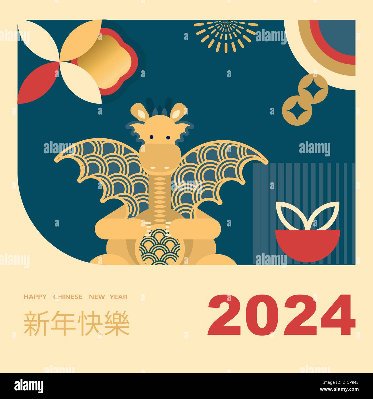 Chinesisches Neujahr 2024, Jahr des Drachen. Chinesisches Neujahrsbanner mit Drachen im geometrischen Stil. Übersetzung aus dem Chinesischen - Happy New Year Stock Vektor