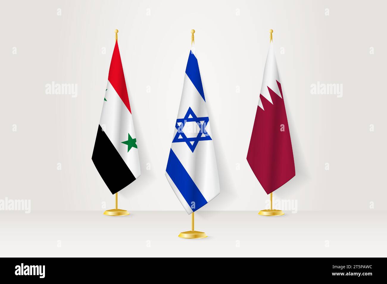 Besprechungskonzept zwischen Israel, Syrien und Katar. Flaggen auf einem Flaggenständer. Stock Vektor