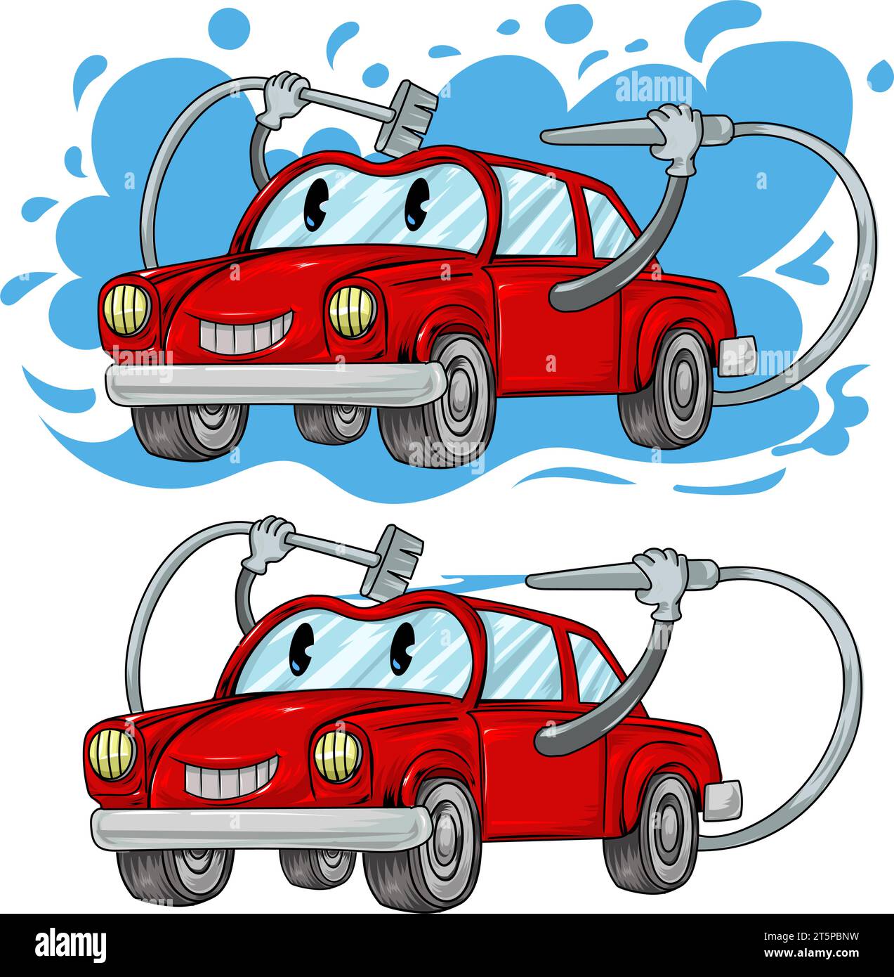 Auto Cartoon Charakter Auto Waschanlage. Vektor-handgezeichnete Illustration isoliert auf weißem Hintergrund. Stock Vektor