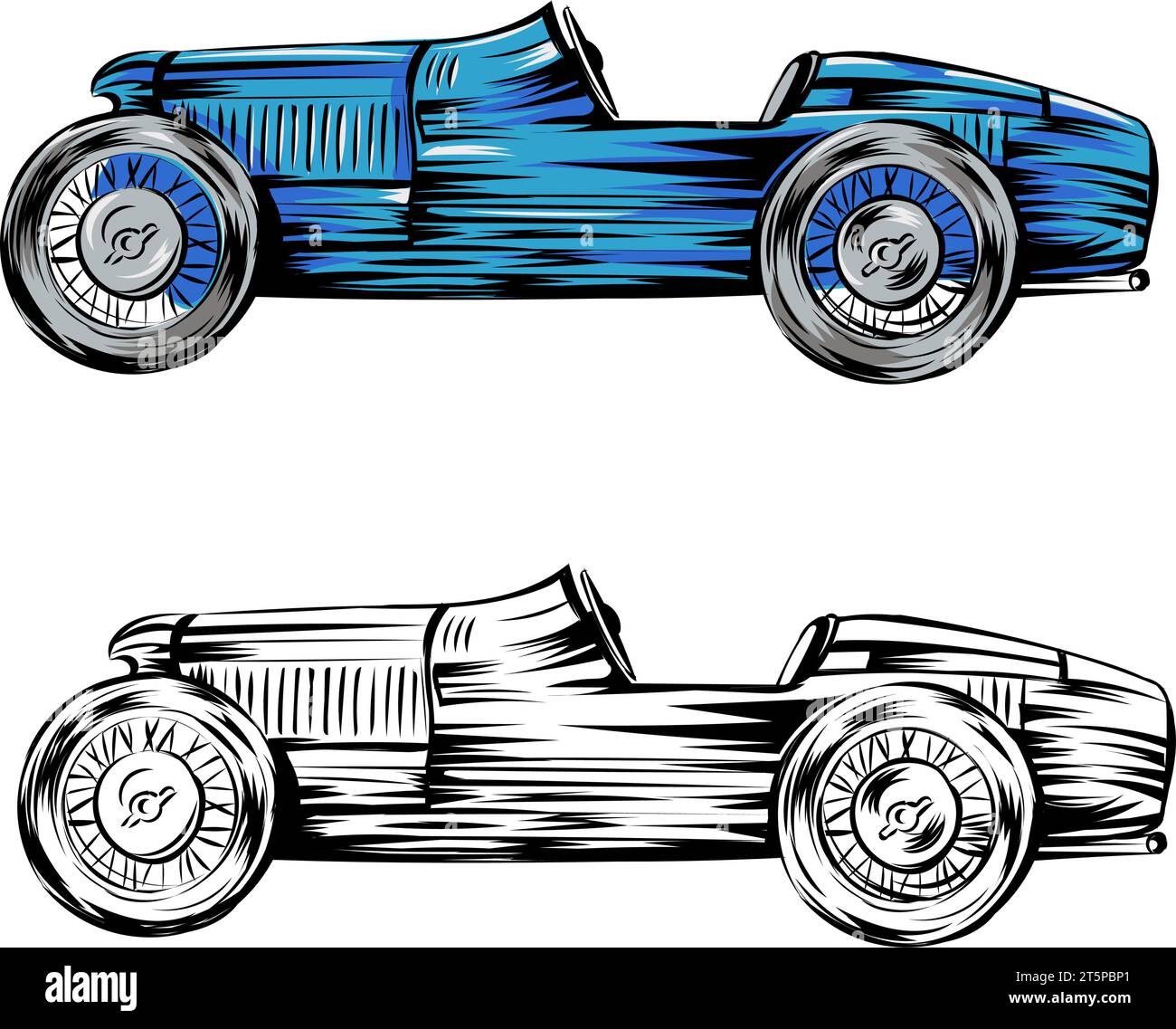 Blaues Vintage-Rennwagen-Design auf weißem Hintergrund. Vektorabbildung Stock Vektor
