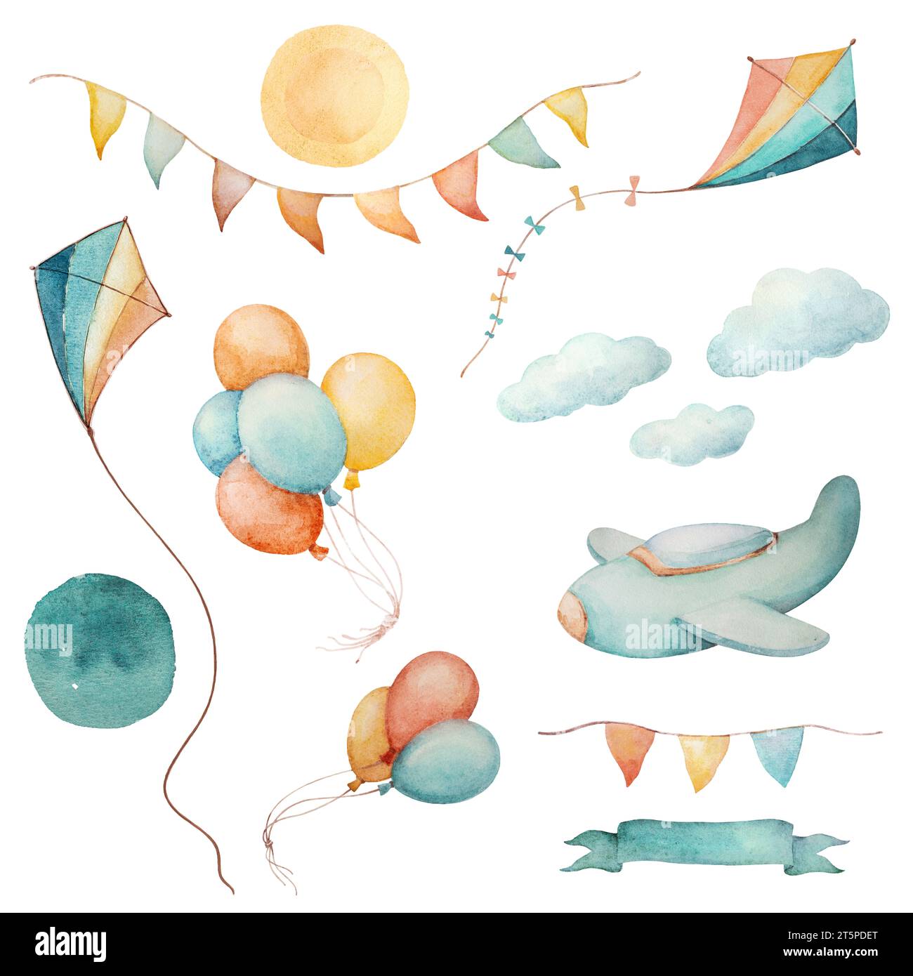Kite Watercolor Clipart, Flugzeuge Ribbon Sky Clipart, Baby Boy Announcement Clipart, Watercolor Balloon Cipart, Summer Watercolor Clipart Stockfoto