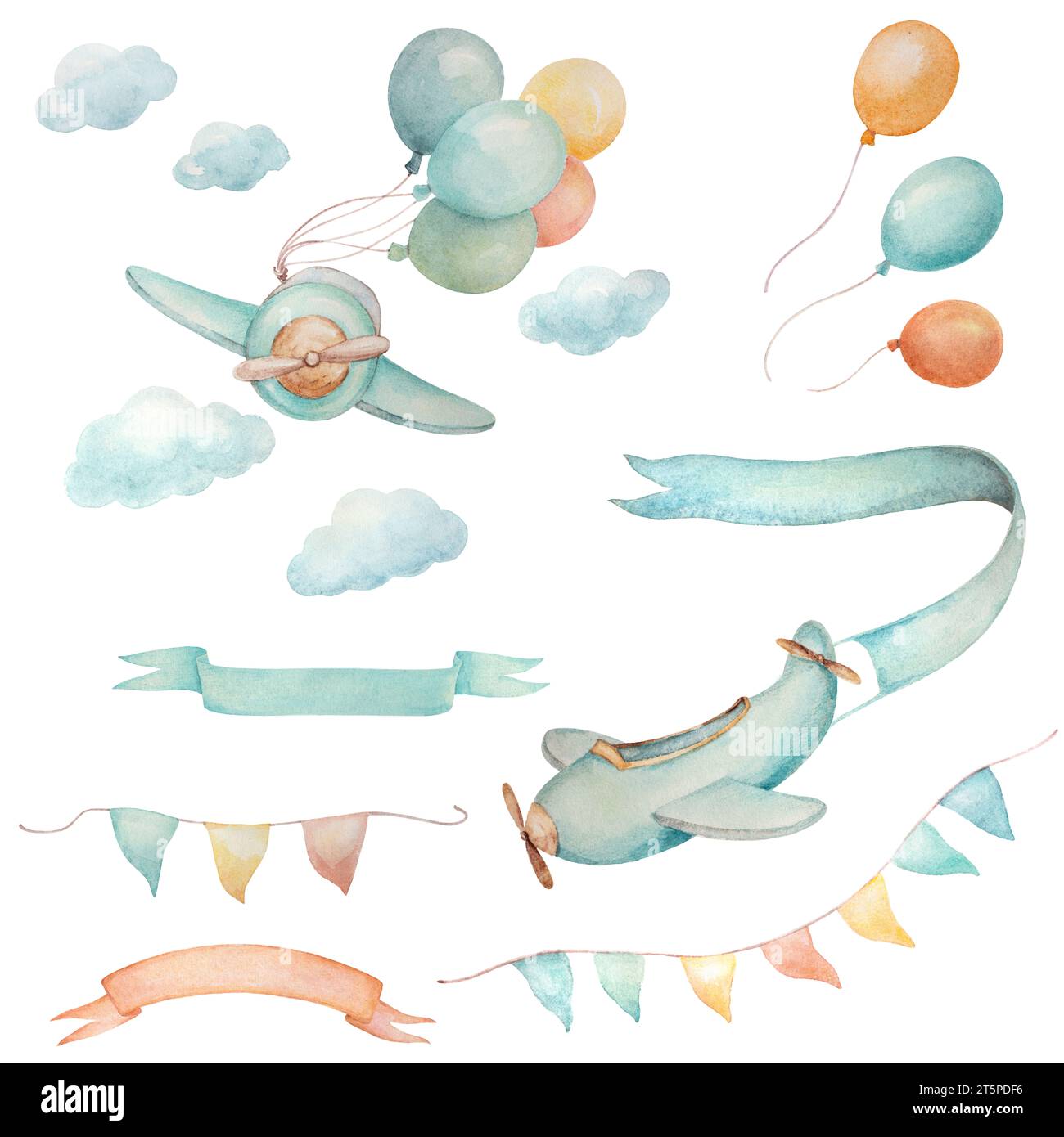 Flugzeuge Ribbon Sky Clipart, Baby Boy Airplane Clipart, Baby Boy Ansage Clipart, Watercolor Ballon Cipart, Watercolor Ribbon Clip Art Stockfoto