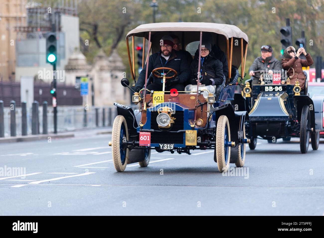 1905 Cadillac Tourer Car Teilnahme am Rennrennen London-Brighton, Oldtimer-Rennen durch Westminster, London, Großbritannien Stockfoto