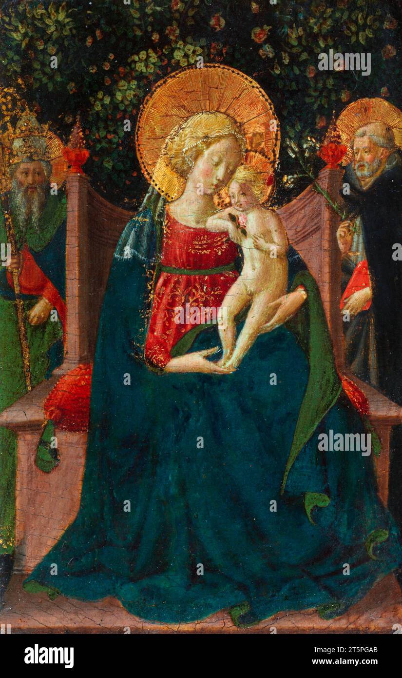 Benozzo Gozzoli. Gemälde mit dem Titel "Jungfrau und Kind mit einem päpstlichen Heiligen und dem Heiligen Dominikus" von Benozzo Gozzoli (ca. 1421-1497), Tempera auf Tafel, ca. 1430-35 Stockfoto