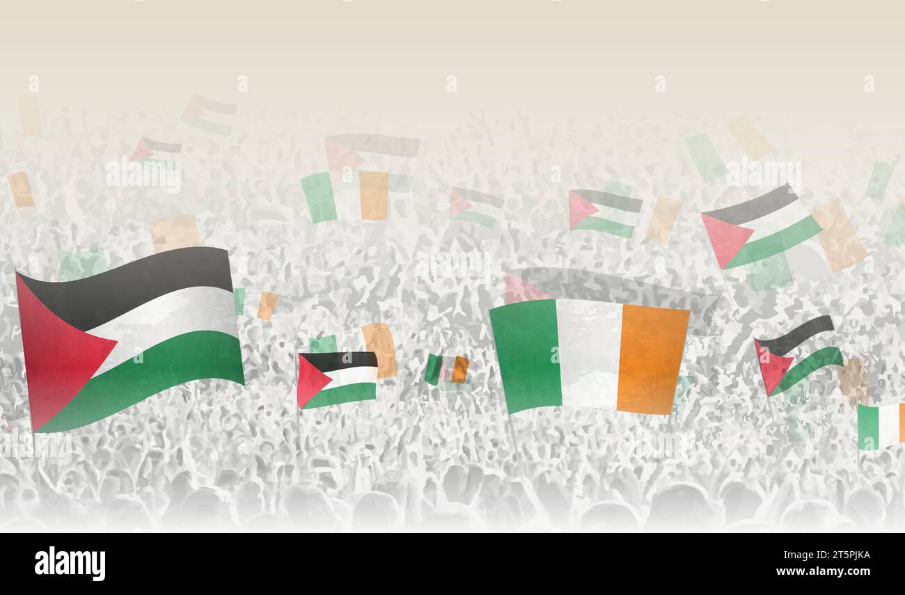 Palästina und Irland fahnen in einer Menge jubelnder Menschen. Menschenmenge mit Fahnen. Vektorabbildung. Stock Vektor