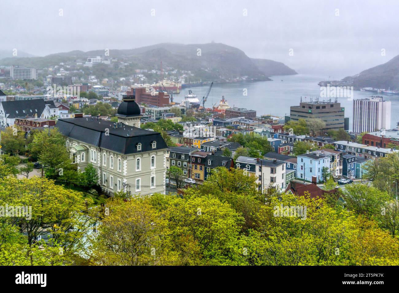 Blick auf die Stadt und den Hafen von St. Johns, Neufundland, an einem nebeligen Sommertag. Stockfoto