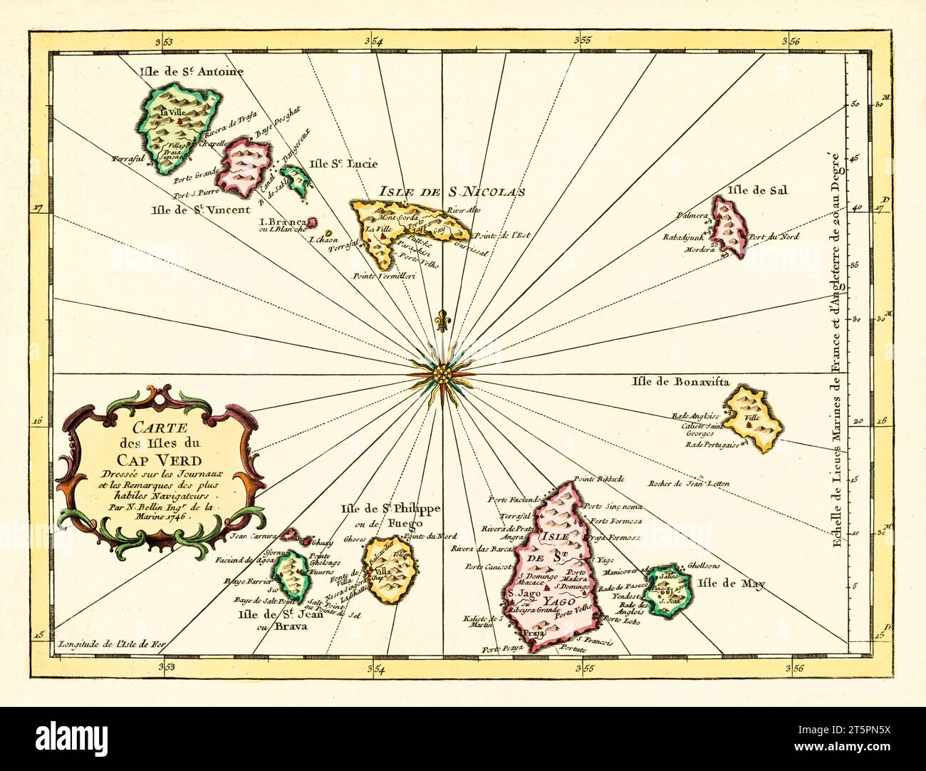 Alte Karte des Kap-Verde-Archipels, Atlantik. Von Bellin, publ. Im Jahr 1746 Stockfoto