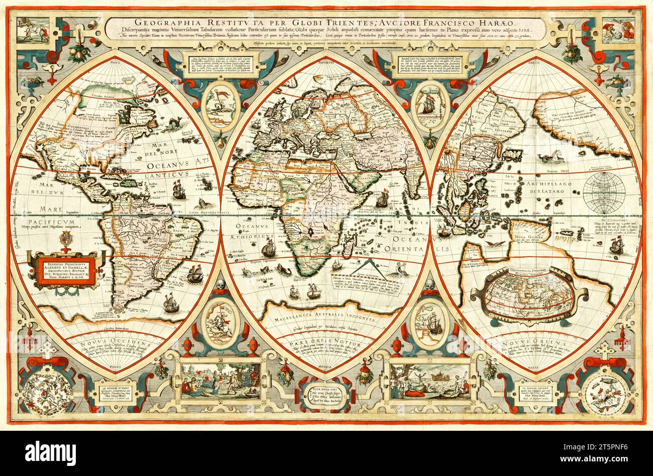 Alte Karte, die den Globus als Triptychon anzeigt. Von Verhaer, publ. Im Jahr 1618 Stockfoto