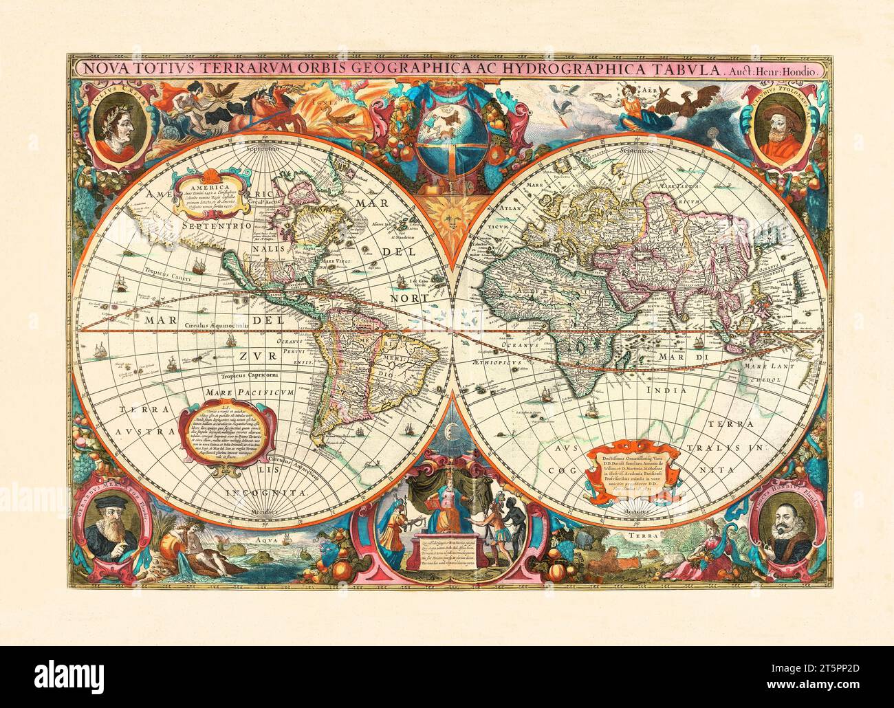 Alte Planisphere. Von Hondius, publ. Im Jahr 1638 Stockfoto