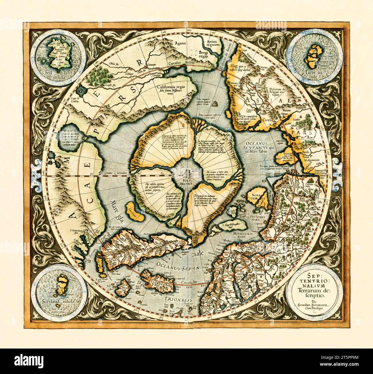 Alte Karte des Nordpols und der nördlichen Regionen. Von Mercator, publ. 1595 Stockfoto