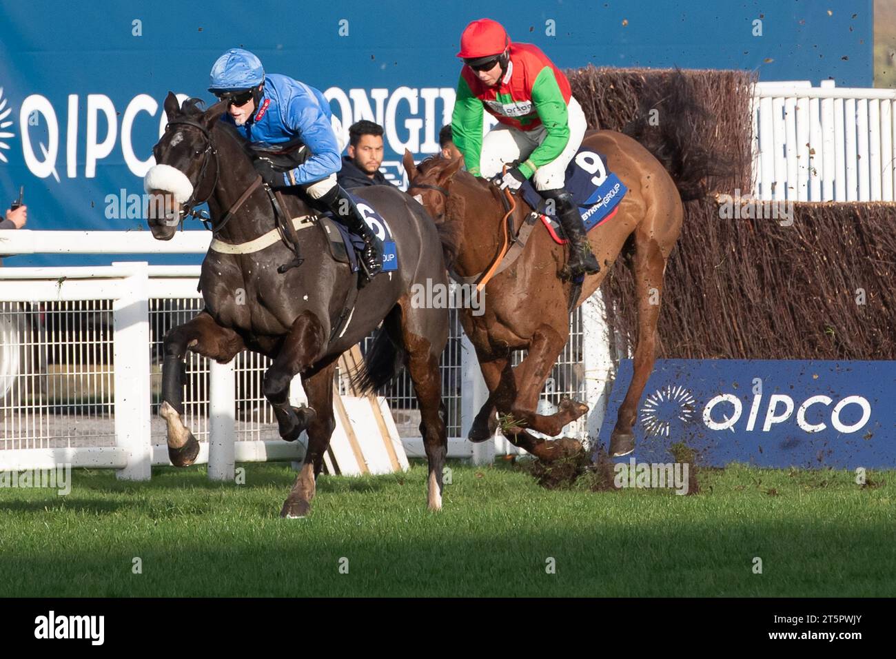 Ascot, Berkshire, Großbritannien. November 2023. Horses the Last Day, geritten von Jockey Adam Wedge und Pferd Quel Destin, geritten von Jockey Bryony Frost, springen in der Byrne Group Handicap Turmjase auf der Ascot Racecourse am Fireworks Spectacular Family Raceday. Kredit: Maureen McLean/Alamy Stockfoto