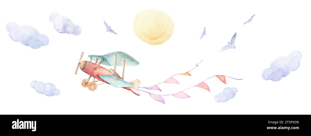 Sommer Abenteuer Baby Illustrationen. Baby Flugzeug Aquarell Wandkunst Kinderzimmer Wandkunst Baby Adventure Clipart. Kinderzimmer Hintergrundbild Clipart Stockfoto