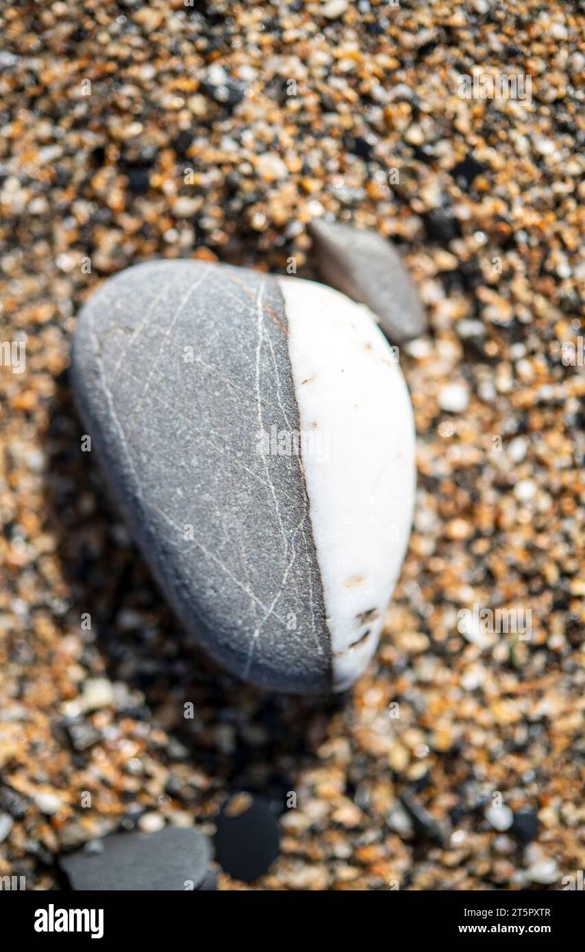 Nahaufnahme eines Steines an einem Sandstrand Stockfoto
