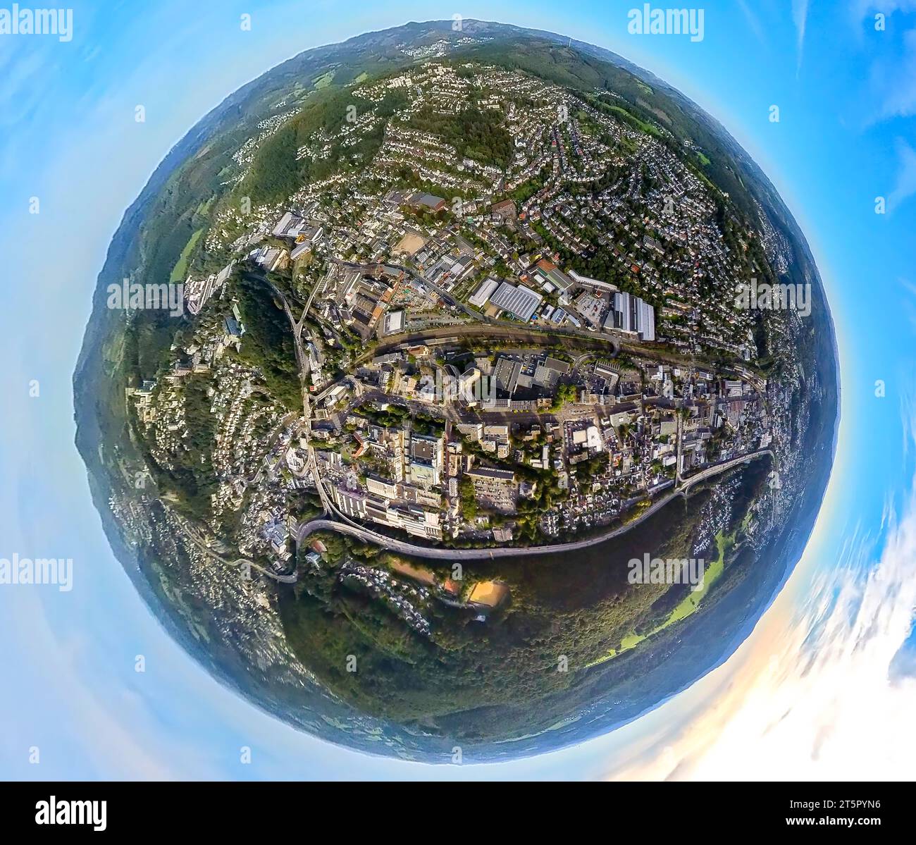 Luftaufnahme, Ansicht Weidenau, Gewerbegebiet Weidenauer Straße, Erdkugel, Fischaugenbild, 360-Grad-Bild, winzige Welt, Weidenau-West, Stockfoto