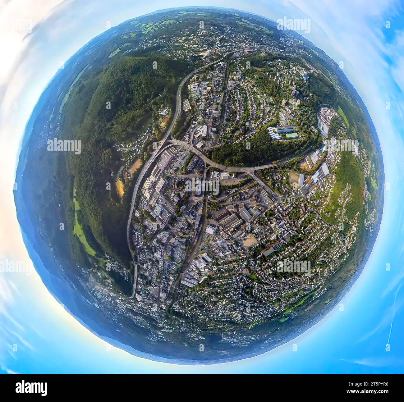 Luftaufnahme, Ansicht Weidenau, Gewerbegebiet Weidenauer Straße, Erdkugel, Fischaugenbild, 360-Grad-Bild, winzige Welt, Weidenau-West, Stockfoto