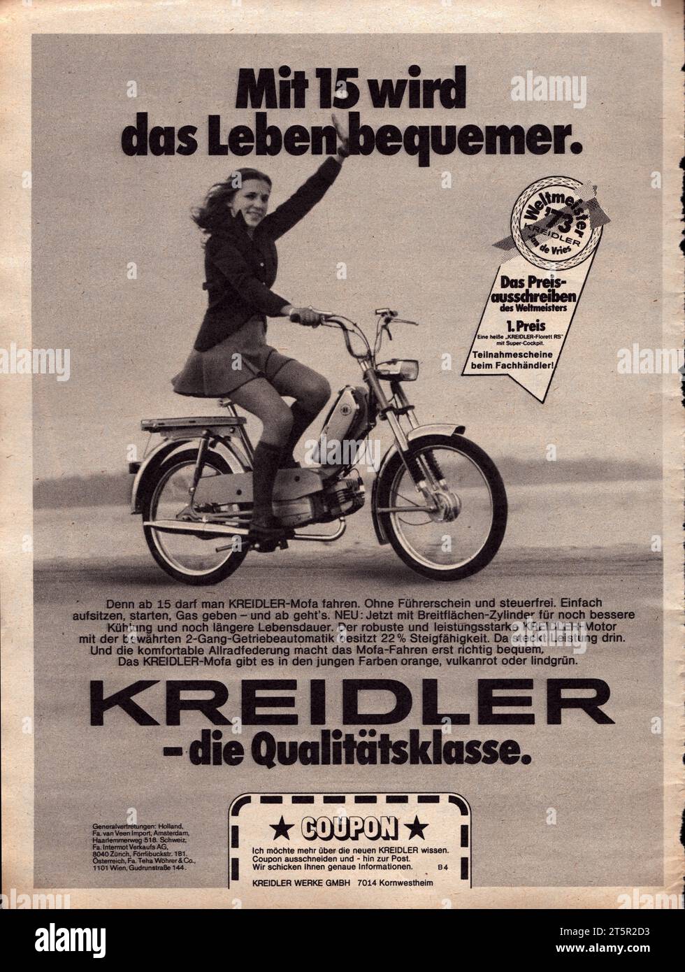 Kreidler-Mofa Kreidler Motor Vintage deutsche Werbung 1974 Stockfoto