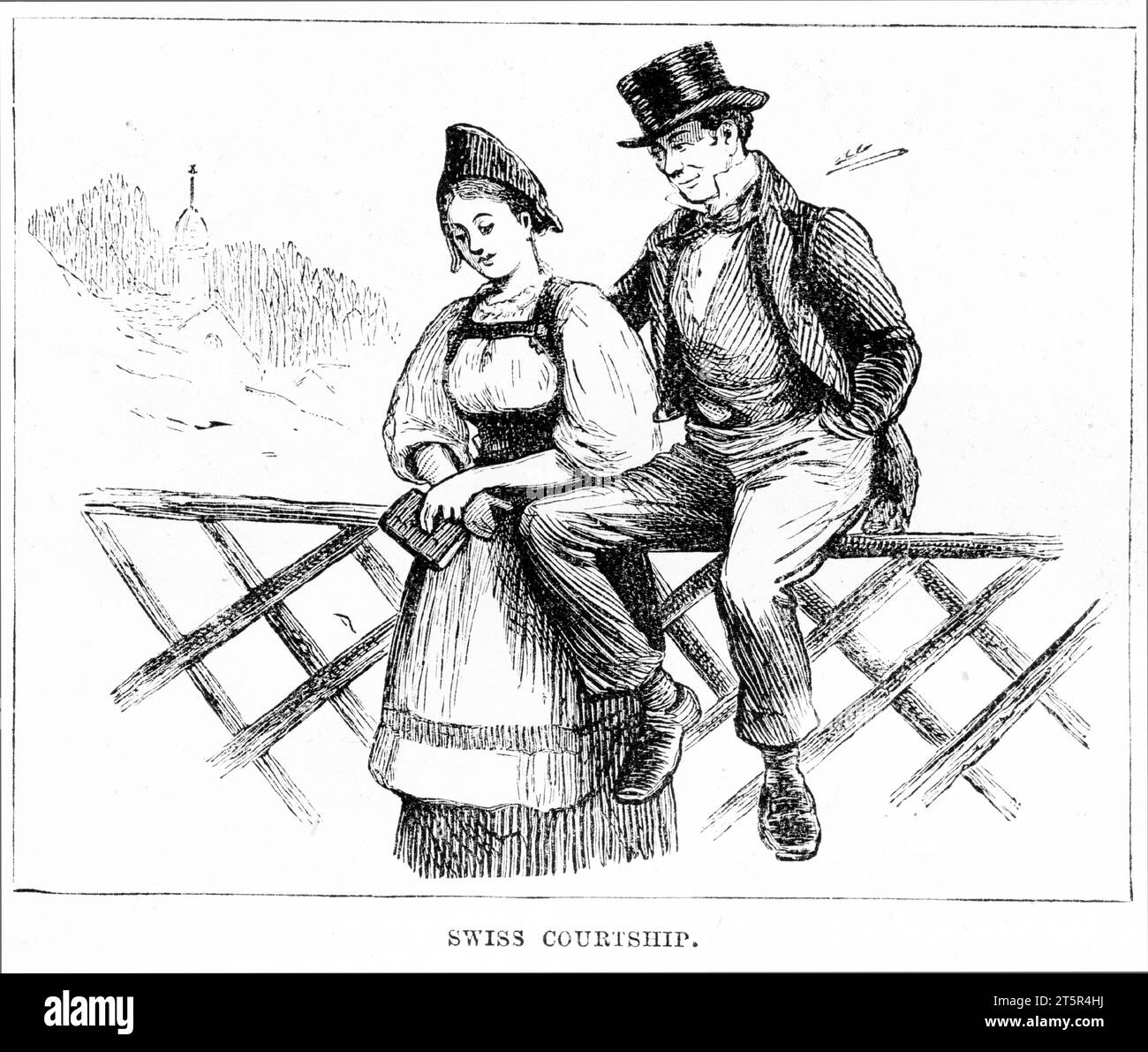 Gravur eines jungen Schweizer Paares während der Balz, um 1880 Stockfoto